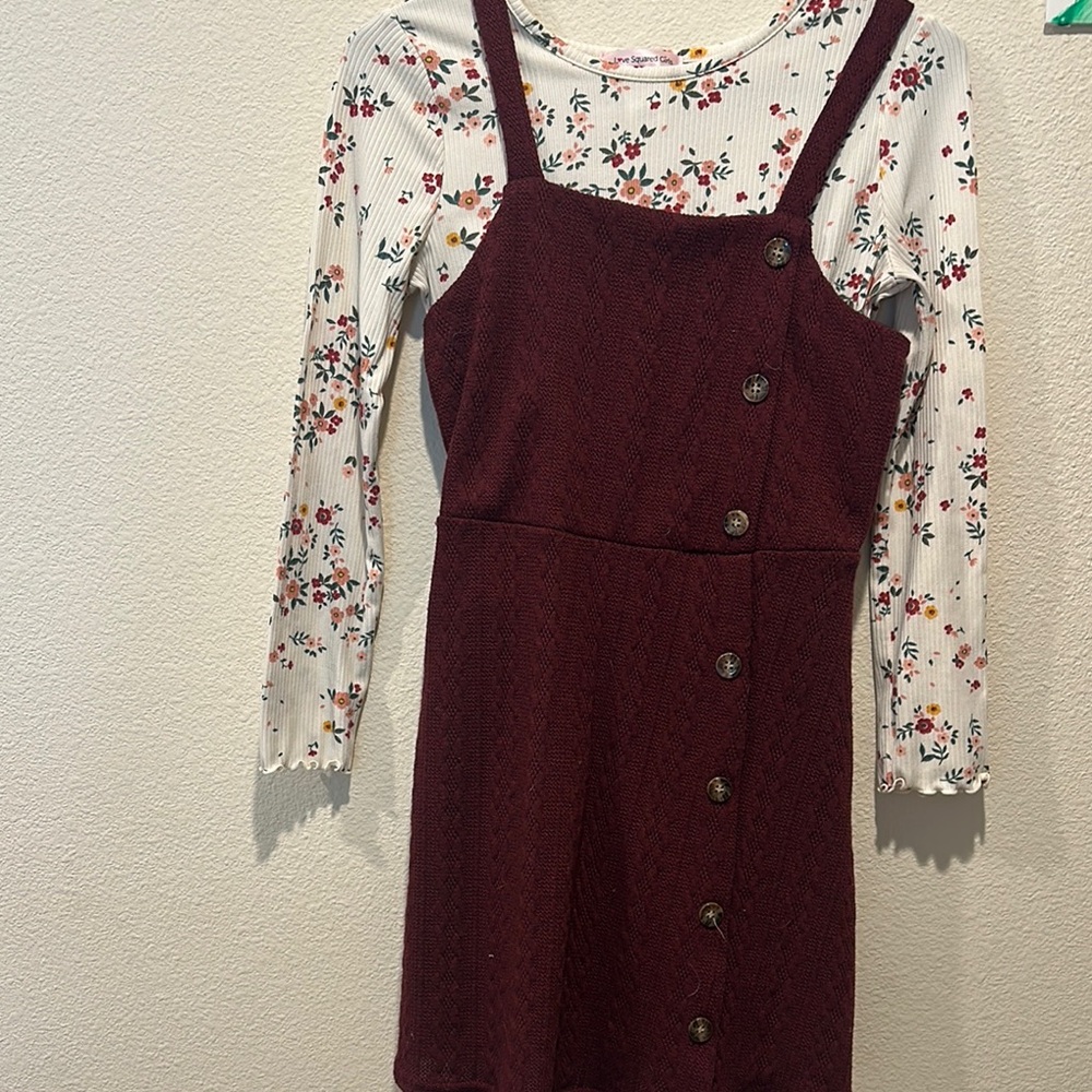 Floral Long-Sleeve Dress with Burgundy Pinafore